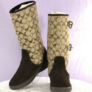 Coach Signature Canvas Suede Mid-Calf Boots Double Buckle Brown Comfort Sole
